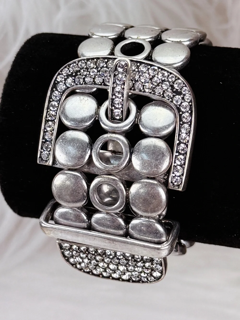 Silvertone CZ premier, designs, retired Statement Buckle Stretch Bracelet